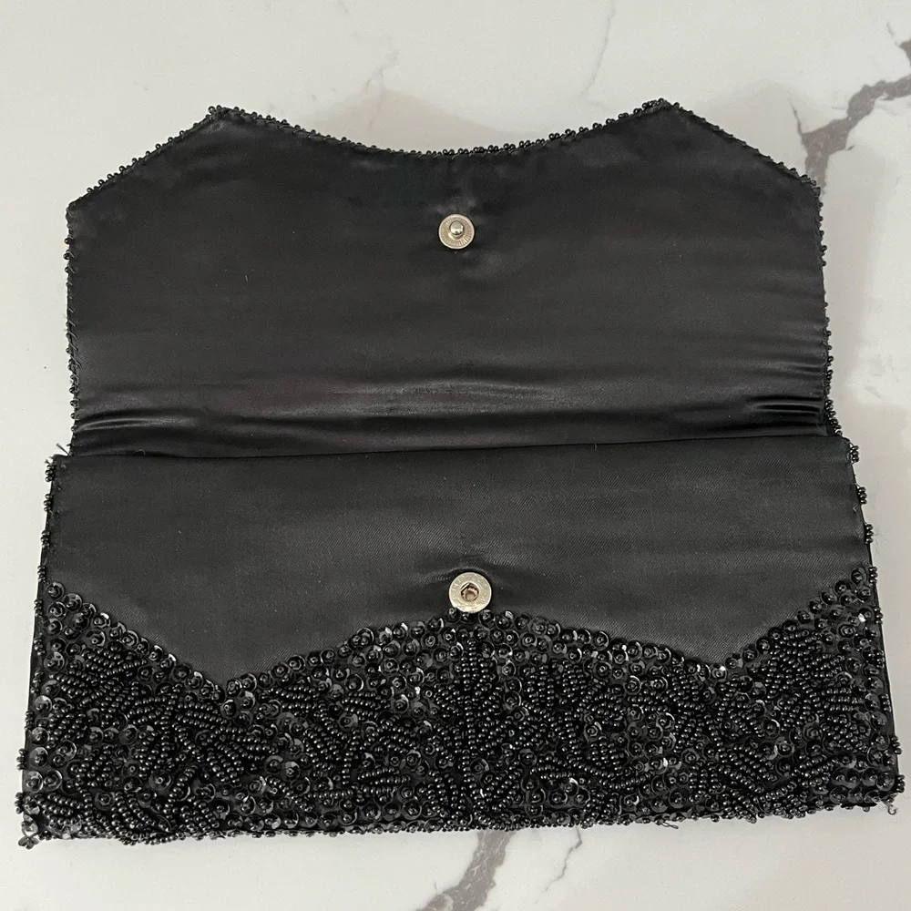 Vintage La Regale Ltd Nlack Beaded Sequined Satin Evening Clutch Bag Hong Kong